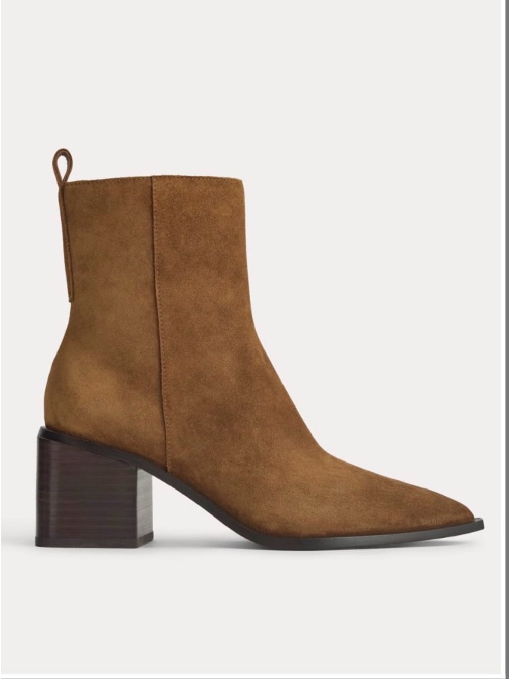 Everlane Russet Suede Pointed Toe Block Heel Ankle Boot, size 7